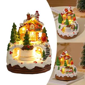 Dekorativa figurer 6.3Im Christmas Music Box Illuminated Resin House Ornament Rotating Winter Scene Present For Kids Bookshelf Restaurant