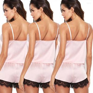 Hemkläder 2st kvinnor sexig satin spets sömnkläder spaghetti rem lapptäcke blommig mjuk babydoll underkläder nattdress pajamas set