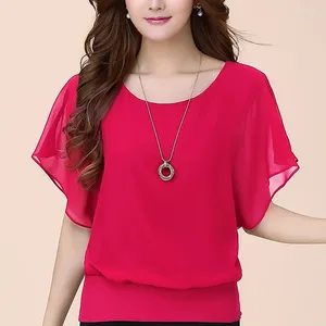 Women's Blouses Chiffon Blouse Women Top Solid Color O Neck Loose Pullover Batwing Sleeve Ruffle Shirts Clothing Casual Summertop