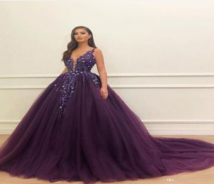 Великолепные платья с шариком Quinceanera Purple Deep V Sece Sequints кружев