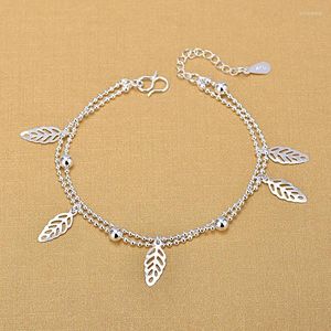 Braccialetti di fascino 925 a doppio strato in argento a doppio strato rotondo bracciale a foglie di foglia di perle per donne per le donne gioielli di nozze sl025