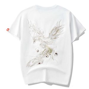 Vår- och sommaren 2024 Ny ren bomullstrend Löst kortärmad t-shirt herrkina-chic kinesisk stil mäns Phoenix-broderi halv ärm