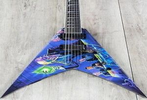 Anpassad butikshandmålad 24 Blue Flying V Electric Guitar Copy EMG Pickup Black Hardware Pearl Fin Inlay9493847