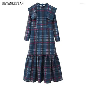 Keyanketian 2024 Launch Women'sEpaulets Embellish Plaish Retro Style Longleeved Slim Ankle LengthMidi Dress