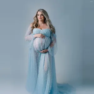 Abiti da festa eleganti perle blu per le perle maternità per le maniche lunghe per sparare al polo Vedi attraverso abiti da gravidanza da sposa personalizzati personalizzati