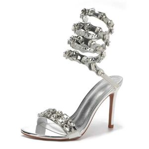 Dress Shoes Star style luxurious crystal embossed wrap womens sandals slim high heels gladiator summer wedding promotional shoes H240409 4YK5