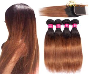 Ombre Brazilian Straight Hair Bundles With 4x4 Closure 1b30 Lace Closure With Straight Human Hair Weaves Gagaqueen hair1625436