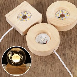 1PC Crystal Glass Wooden LED Light Resin Display Base Art Ornament Wooden Night Lamp Base Home LED Light Rotating Display Stand