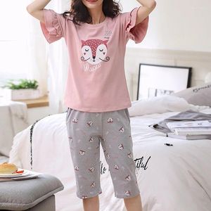 Ana Sayfa Giyim Pamuk Baskı fırfırları Kadın pijama seti o Boyun İki Parça Moda Kadın Placare Sonbahar Yaz Salonu Uyku Giysileri