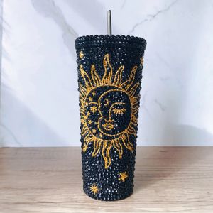 Sun Moon Bling Tumbler with Straw Personalize Name Rhinestone Thermos Stainless Steel Water Bottle Custom Gift for Her 240409