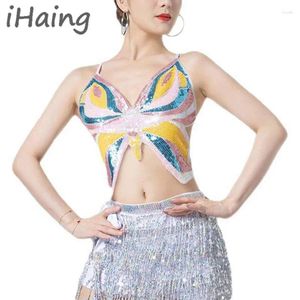 Stage Wear Women Halter Sequin Dance Crop Top Bra Sexy Adult Sparkly Belly Back Bandage Bras Vest Tank Costume Outfits Butterfly