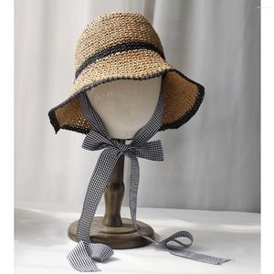 Berets 2024 BOW Womens Straw Hats Crochet Hat Bucket UV Protection Sun Visor Beach Women Visors Ladies Summer Cap