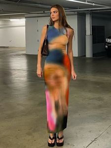 Hugcitar Tie Dye Print Ribbed Midi Dress for Women 2023 Summer Outfits Bodycon Side Slit Y2KセクシーストリートウェアLong 240402