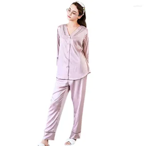 Heimkleidung V-Ausschnitt Frauen Seidenpyjama Set Langarm Nachtwäsche Pijama Anzug weiblich Schlaf Zwei-Stück Loungewear Plus Size