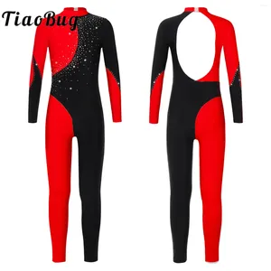 Scene Wear Kids Girls Ballet Gymnastics Leotard Dance Costume Rhinestone Long Sleeves Jumpsuit bodysuit Dancewear Teen Full Body Unitard