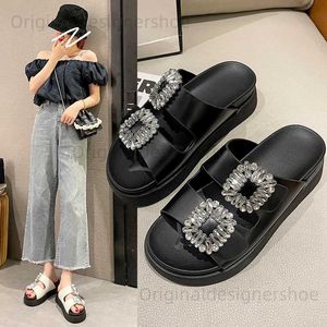 Slippers 2023 Brand Rhinestone Shoes Ladies High Heels Platform Sandals Double Buckle Band Slippers Woman Muffins Crystal FlipFlops Mujer T240409