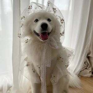 Cães de estimação cães médios grandes roupas da primavera roupas de casamento fino vestido de casamento satsuma chapéu de cabelo dourado 240402