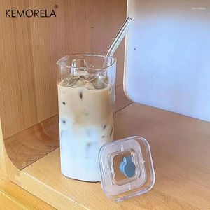 Wine Glasses 1/2Pc Square Heat Resistant Coffee Glass Cup With Lid And Straw Transparent Milk Tea Juice Mug For Home Bar Drinkware