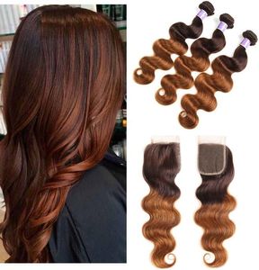 Colored Brazilian Ombre Dark Brown Human Hair 3 Bundles With Closure Two Tone Brazilian 430 Body Wave Blonde Hair Weave With Clo3061961