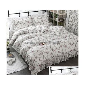 Sängkläder sätter topp Garden Flower Print King Size Ruffle Däcke Er Sheet Princess Linens Queen Comporter 221129 Drop Delivery DHZSD