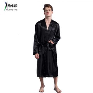 Black Loose Leisure Mens Rayon Satin Robe Gown Solid Kimono Bathrobe Casual Nightwear Sleepwear Pajamas S M L XL XXL TBG0610 240329