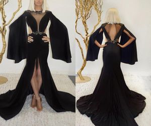 2021 svart sjöjungfru aftonklänning med wrap juvel hals paljetter pärlstav lumbal prom klänning öppen bakre high front split rufle formell PA1704728