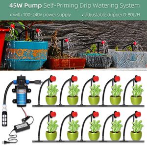 45W Självprimande Pump Garden Watering Irrigation System 5-30 M Kits Strömförsörjning Droppspray Munstycken för Balcony Yard Greenhouse 240329
