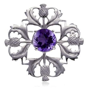 Alexander Castle Sterling Sier Scottish Thistle Brooch, 진정한 자수정 및 보석 선물 상자 -Scottish Women 's Gift, Amethyst