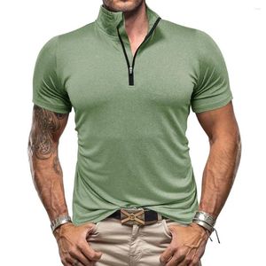 Polos masculinos de treino de ginástica muscular atlética correndo para caminhada ativa meia zíper de manga curta t camisetas de secagem rápida camiseta de fitness de verão