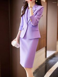 Work Dresses High Quality Women Dress Set Autumn Winter Black Purple Green Business Office Lady Skirt Suit Elegant Formal 2 Pieces Blazer