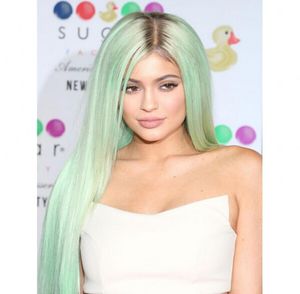 Fast silk straight heat resistant synthetic hair wig two tone ombre black to mint green synthetic lace front wig1675449