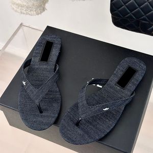 Thongs Womens Designer Slipper Flip-FlopsDenim Blue Slingbacksフラットローヒールサンダルスリップヴィンテージプラットフォームカジュアルラフィアダブルバンドサンダル