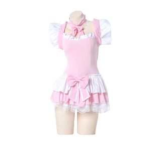 かわいいピンクのラッフルメイド衣装日本の女の子コスプレセクシーな衣装毎日エプロンユニフォームスカートセットカワイイナイトドレス