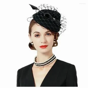 Boinas Black Fascinator Hat for Women Wool Pillbox Felt Hats Wedding Lady Vintage com Véu Fedora Chapeau Pert Mariage E6603