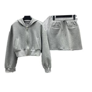 Women Cropped Hoodie Skirt Set Casual Daily Long Sleeve Sweatshirt Skirts Outfits Hooded Gray Jumper Tops Short Dress Sets