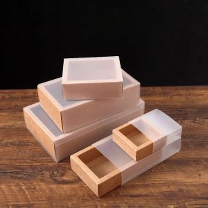 10st Kraft Paper Packing Box med transparent PVC Window Black Delicate Drawer Display Present Box Wedding Cookie Candy Cake Boxes