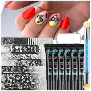 Kits Nail Stamping Plates Kit Leaf Flower Letters Nail Stencils Varnish For Stamping Paint Gel Templates Manicure Set GLFB01062