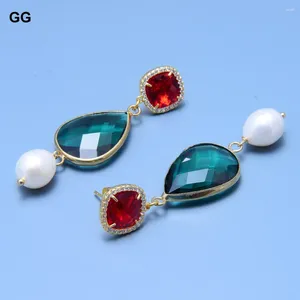 Dangle Earrings GuaiGuai Jewelry Natural Cultured White Rice Pearl Green Crystal Connector Red CZ Stud For Women Girl Gifts