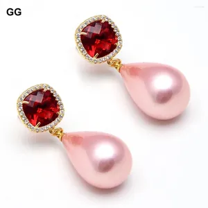 Серьги из свинца Guaiguai Jewelry Natural Pink Sea Shell Pearl Tearl Drop Gold Color Pave Crystal Cz Pave Stud для женщин