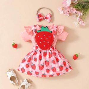 Clothing Sets Strawberry Outfit Baby Girl Romper Suspender Skirt Set Ruffle Short Sleeve Bodysuit Sleeveless Overall Dress Headband