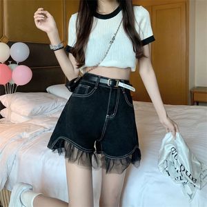 Denim Shorts Mulheres Moda Lace Patchwork Casual Legal Pontas curtas Coreia Alta cintura Ladies Calças S5XL 240409