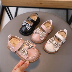 Sneakers Children Leather Shoes Girl's Cute Houndstooth Bowtie Shallow Shoes Baby's Highquality Casual Wedding Party Shoes Kids G04271