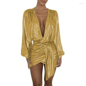 Casual Dresses Shiny PU Sashes High Waist Pleated Dress Fashion Lantern Sleeve Mini Deep V Neck Front Cross Long S-7XL