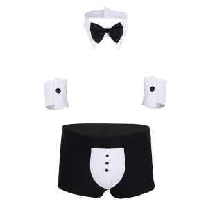 3pcs Mens Office Tuxedo Sexy Cosplay Costume Lingerie Boxer Brinks Бруки нижнего белья с воротником -галстуком -галстуком и браслетами
