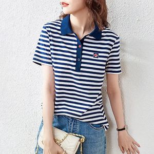 T -Shirt -Frau Polo Nackenhemden für Frauen Kurzarm Tee Striped Tops Blau Kleidung Baumwollverkauf mit Kragen Synthetischer Trend V 240409