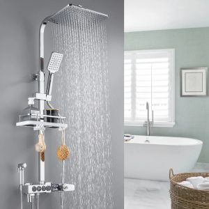 Chrome Display Thermostatic Shower Faucet Set Rainfall Bathtub Tap With Bathroom Shelf Water Flow Produces Electricity