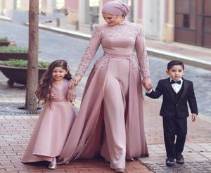 Vestidos de noite rosa escuro vestidos de mangas compridas macacão de macacão destacável lenço islâmico dubai vestido de noite em árabe saudita