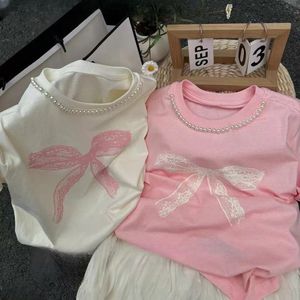 Yaz Kids Bow Baskılı T-Shirt Ins Girls Pearl Kısa Kollu Tees Tasarımcı Çocuklar Günlük Toplar 4-10T S1313