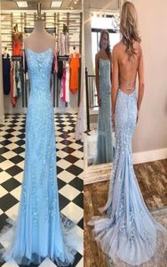 Leichte himmelblaue Meerjungfrau Prom Kleider Spitzen Spaghetti -Träger Applizes Tüll bodenlange Rückenlose Abendkleider formelle Partykleid1577562