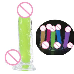 Genomskinlig mjuk lysande gelé stor dildo realistisk falsk sug dick penis rumpa plugg sexiga leksaker för kvinnliga män vagina anal massage